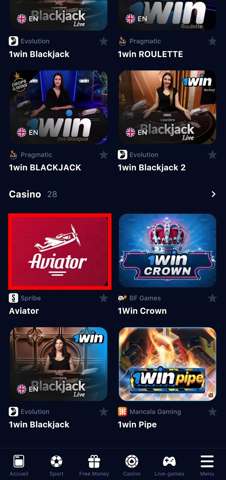 Lancer le casino 1win Aviator