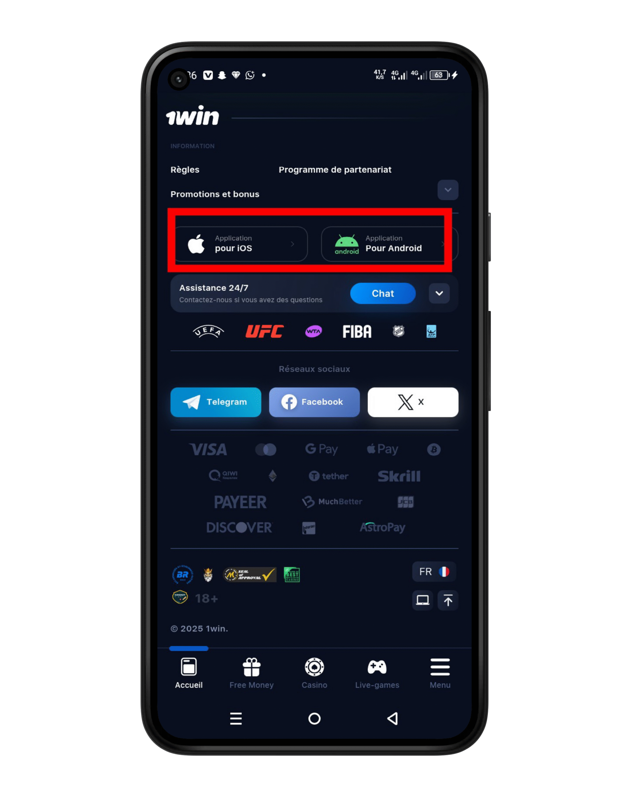 Accéder au site officiel de 1win et cliquez sur l'application 1win
