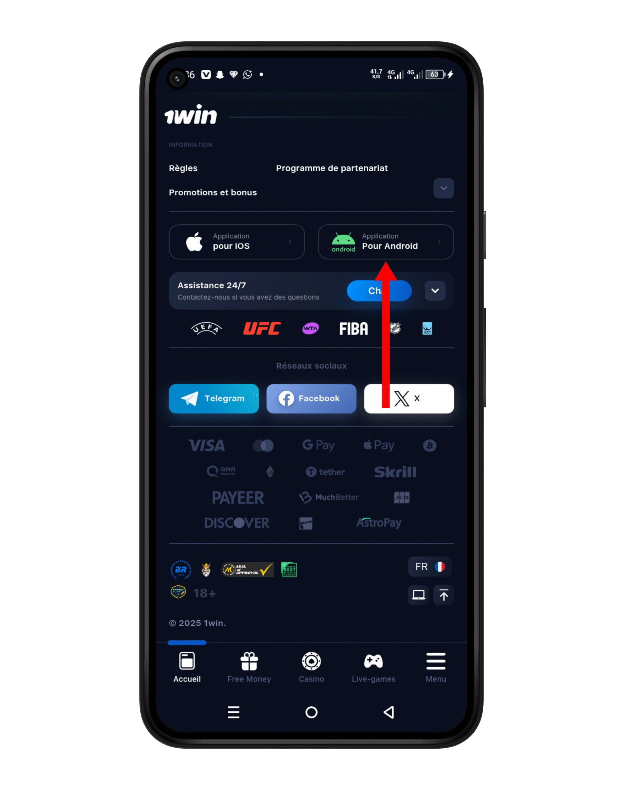 Cliquez sur 1win Apk