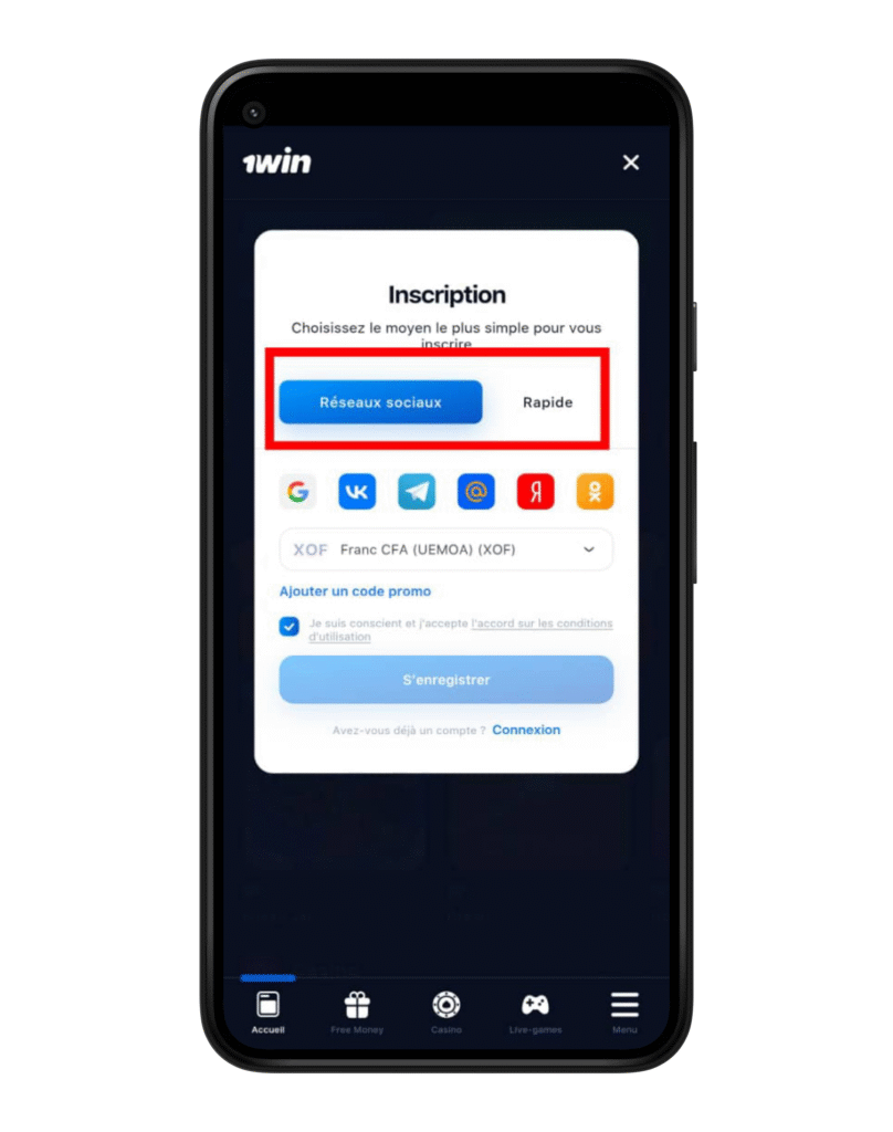 Choisir une méthode d'inscription sur 1win