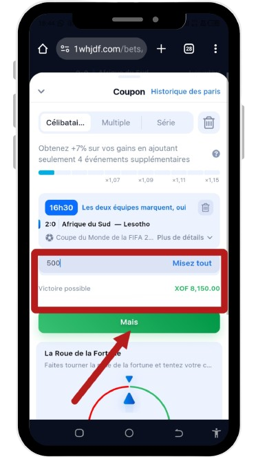 Indiquer la mise et valider votre mise