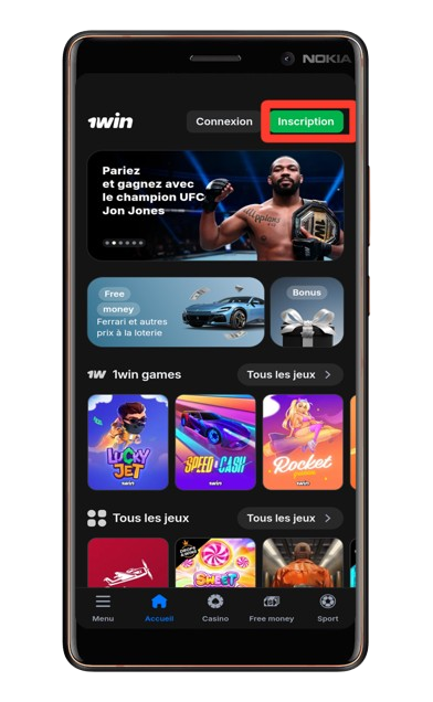 Inscription sur la plateforme 1win