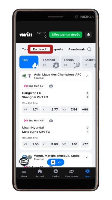 Trouver la section En direct