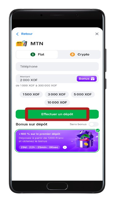 Validation en cliquant sur effectuer un dépôt